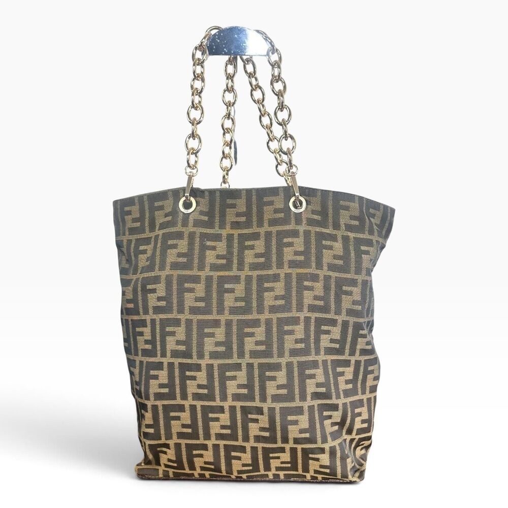 Fendi Vintage Zucca Tote Bag Womens Large Brown Canvas Leather Chain Strap Italy